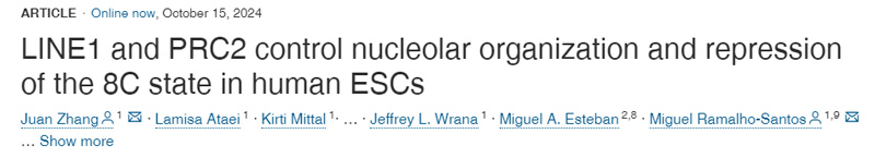LINE1和PRC2控制人類胚胎干細(xì)胞核仁組織和8C狀態(tài)的抑制
LINE1和PRC2控制人類胚胎干細(xì)胞核仁組織和8C狀態(tài)的抑制