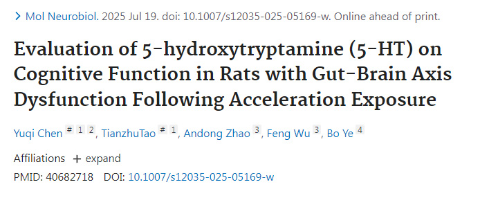 加速度暴露致腸腦軸功能障礙大鼠中5-羥色胺(5-HT)對認(rèn)知功能的評估 加速度暴露致腸腦軸功能障礙大鼠中5-羥色胺(5-HT)對認(rèn)知功能的評估