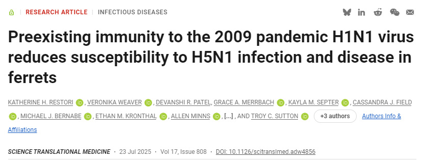 針對2009年甲型H1N1流感病毒的預(yù)存免疫力可減弱雪貂對H5N1感染的易感性及發(fā)病風(fēng)險
