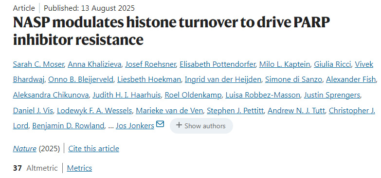 NASP通過調(diào)控組蛋白更新驅(qū)動PARP抑制劑耐藥性的產(chǎn)生