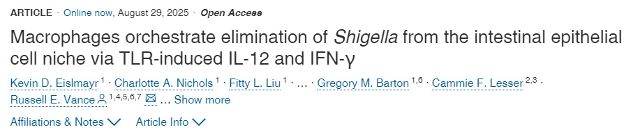 巨噬細胞通過Toll樣受體誘導的白細胞介素12與γ干擾素，協(xié)調清除腸上皮細胞微環(huán)境中的志賀氏菌