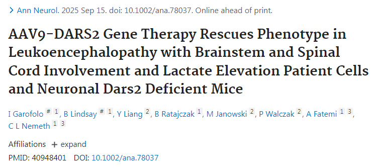 AAV9-DARS2基因療法挽救伴腦干脊髓受累及乳酸升高的腦白質營養(yǎng)不良患者細胞與神經元Dars2缺陷小鼠的表型 AAV9-DARS2基因療法挽救伴腦干脊髓受累及乳酸升高的腦白質營養(yǎng)不良患者細胞與神經元Dars2缺陷小鼠的表型