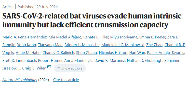 嚴(yán)重急性呼吸系統(tǒng)綜合征冠狀病毒2型相關(guān)蝙蝠病毒逃避人類固有免疫，但缺乏有效的傳播能力